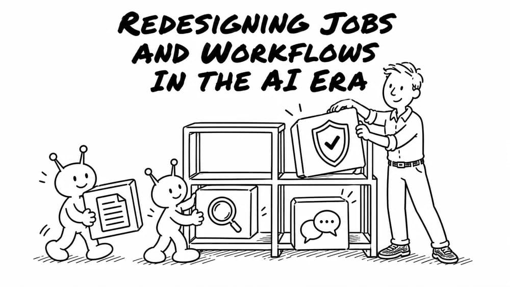 A person and two AI robots organize workflow blocks for documents, research, conversation, and human oversight.
