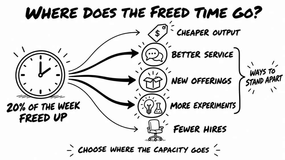 Where does freed time go? When AI frees 20% of the week, a business can choose cheaper output, better service, new offerings, more experiments, or fewer hires. Better service, new offerings, and experiments are highlighted as ways to stand apart.